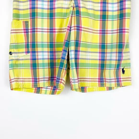Polo Ralph Laurent Plaid Swim Trunks Preppy Pockets Yellow Plaid Boys Size Med - Picture 5 of 12